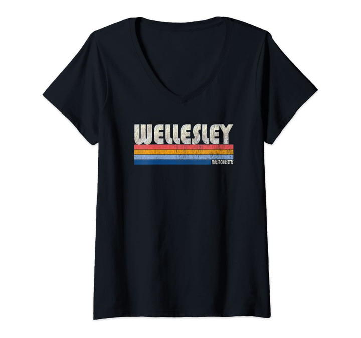 Womens Vintage 70s 80s Style Wellesley Ma V-Neck T-Shirt