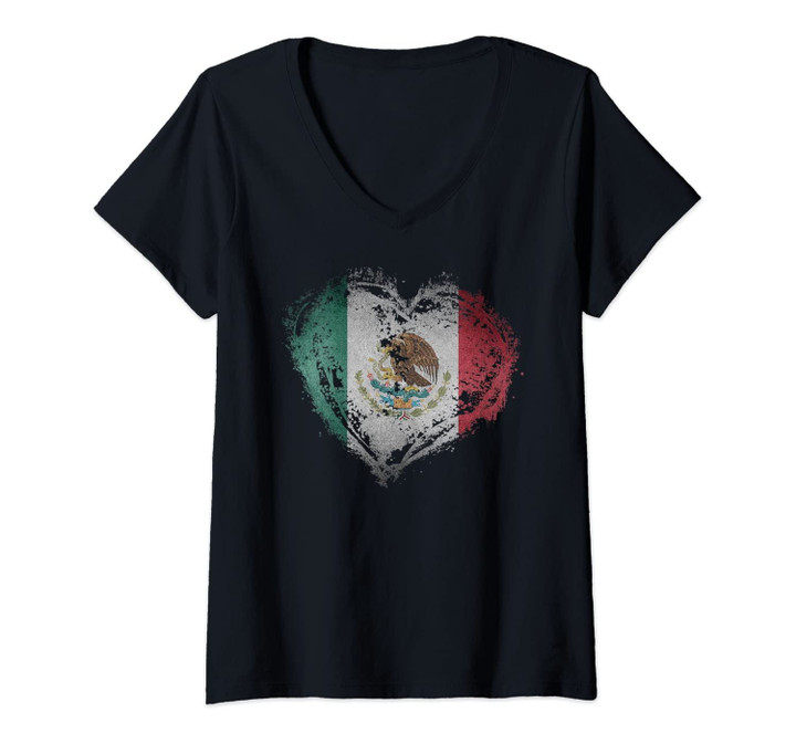 Womens Vintage Mexico Heart Shape Mexican Flag Stylish Design V-Neck T-Shirt