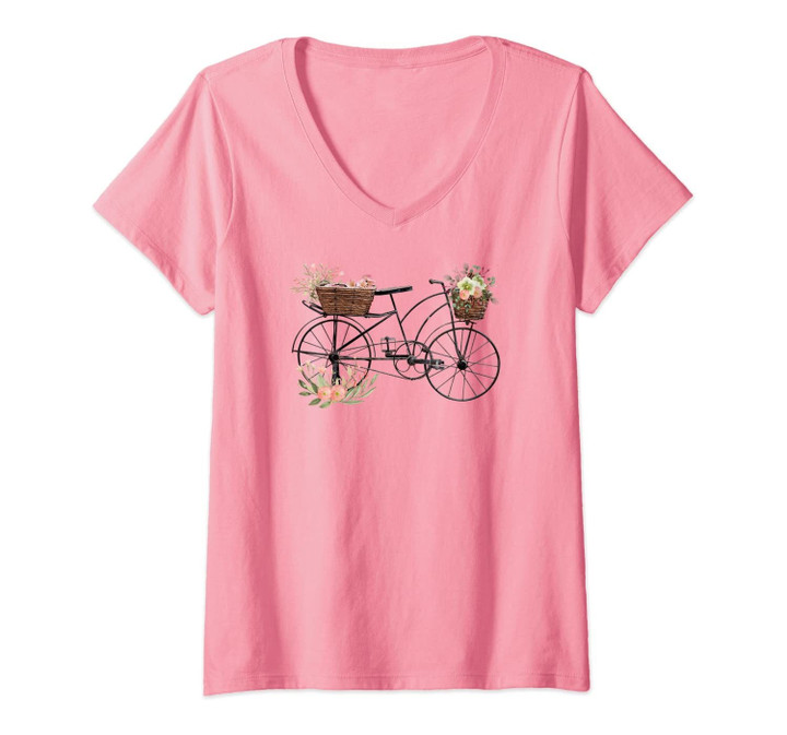 Womens Vintage Drawing Bike Bicycle Flower Floral Basket Cute Gift V-Neck T-Shirt