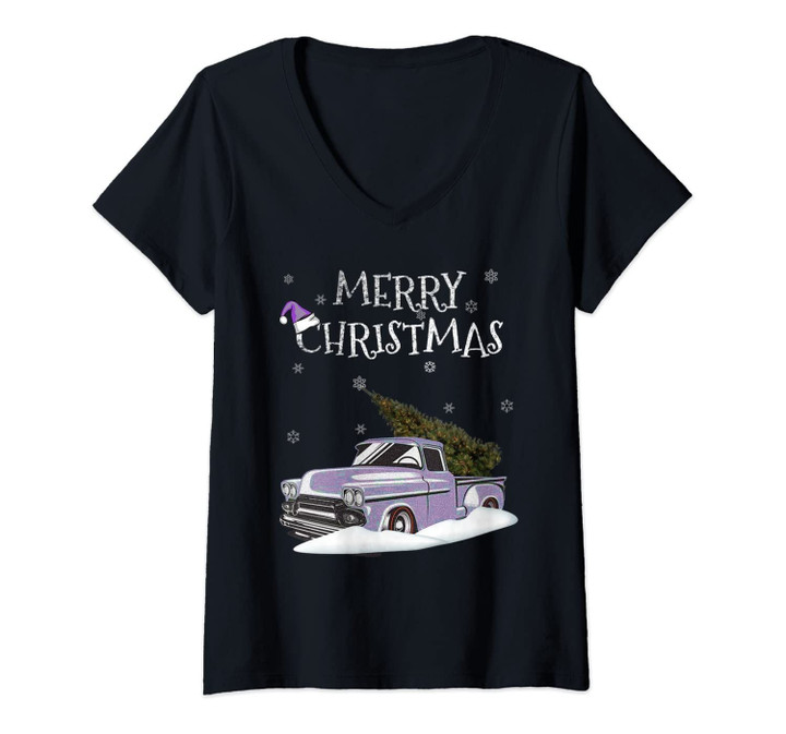 Womens Vintage Truck Retro Christmas Tree Pickup Xmas Holidays Tee V-Neck T-Shirt