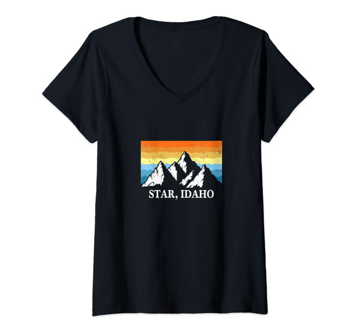 Womens Vintage Star, Idaho Mountain Hiking Souvenir Print V-Neck T-Shirt