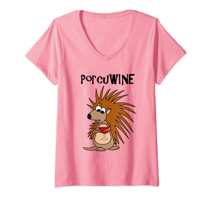 Womens Smileteestank Funny Porcupine Drinking Wine Pun Cartoon V-Neck T-Shirt