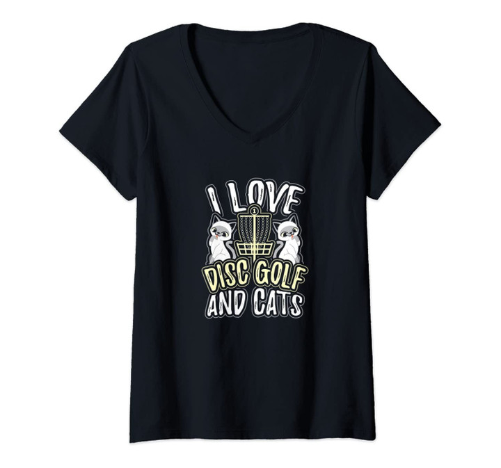Womens I Love Disc Golf & Cats Cute Kitty Cat Feline Gift V-Neck T-Shirt