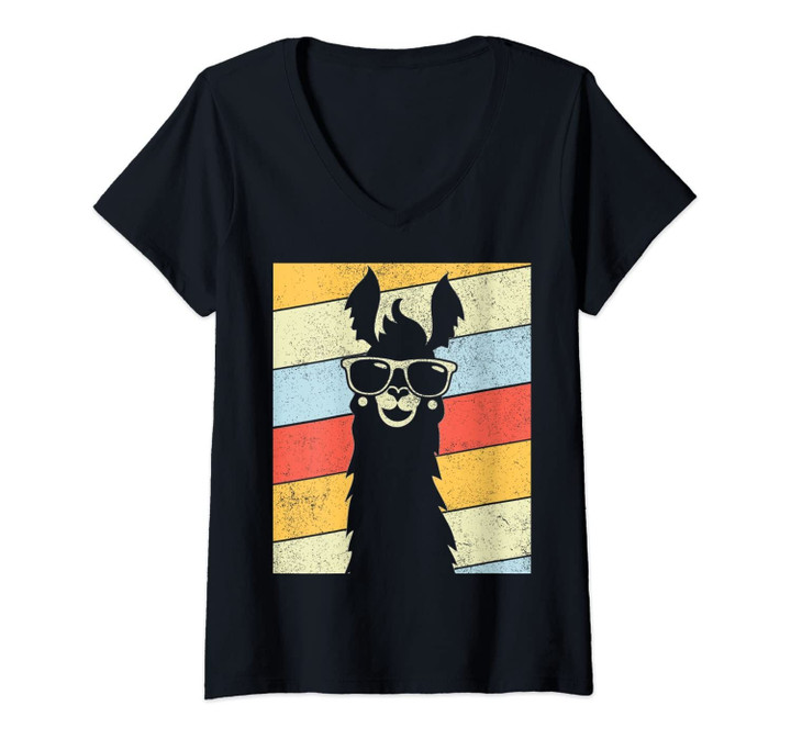 Womens Vintage Retro Style Llama Alpaca 80'S Llama Lovers Gift V-Neck T-Shirt