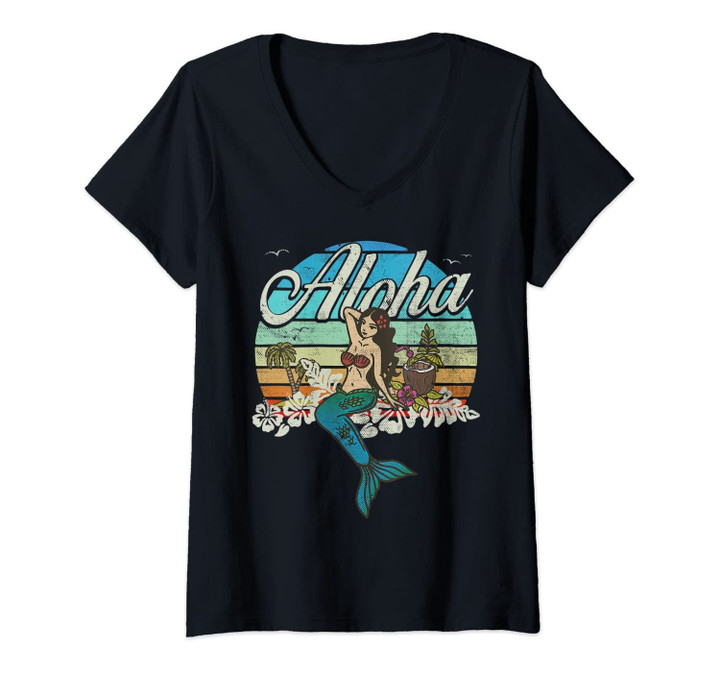 Womens Vintage, Retro, Hawaiian Mermaid Vacation Sunset V-Neck T-Shirt