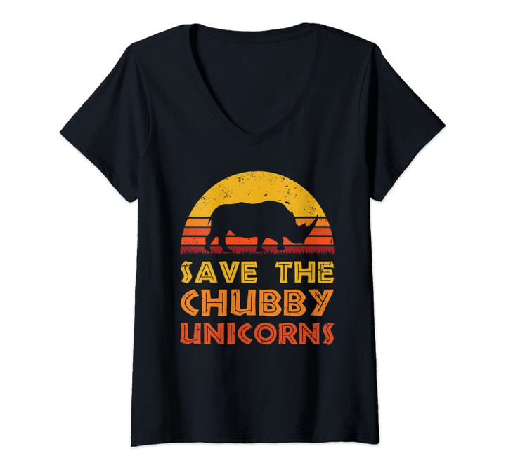 Womens Save The Chubby Unicorns Shirt Men Women Retro Vintage Rhino V-Neck T-Shirt