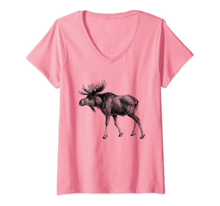 Womens Vintage Moose Print V-Neck T-Shirt