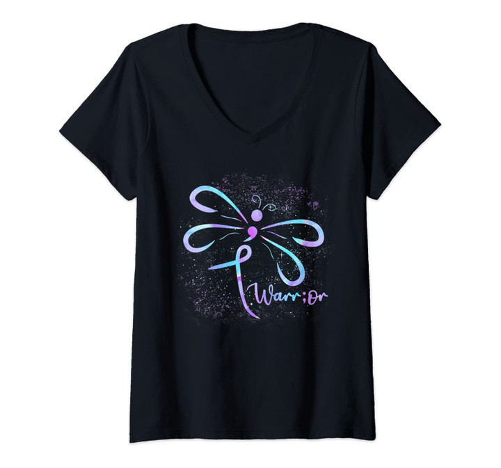 Womens Suicide Prevention Awareness Dragonfly Shirt Semicolon Gift V-Neck T-Shirt