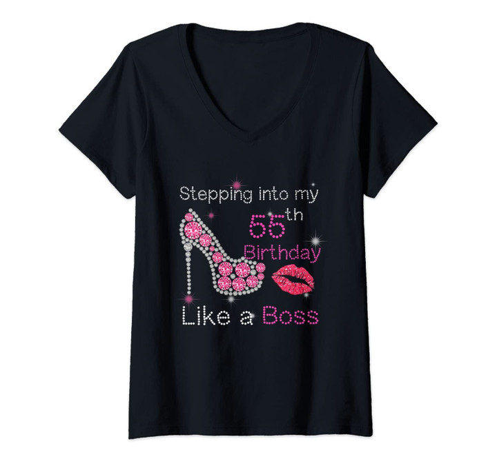 Womens Stepping Into My 55th Birthday Like A Boss 55 Years Old V-Neck T-Shirt