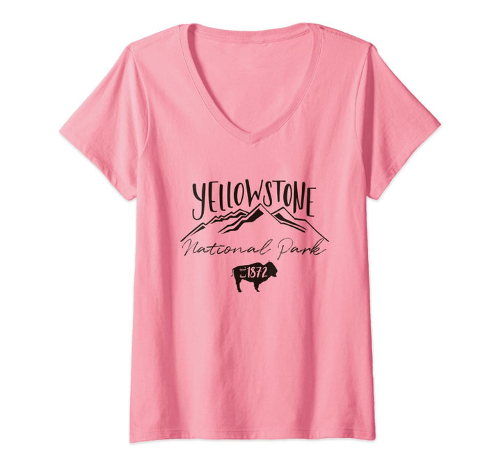 Womens Yellowstone National Park Bison Calligraphy Mountain Gift V-Neck T-Shirt