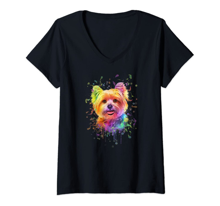 Womens Splash Art Yorkie Dog Lover Gift Men Women Yorkshire Terrier V-Neck T-Shirt