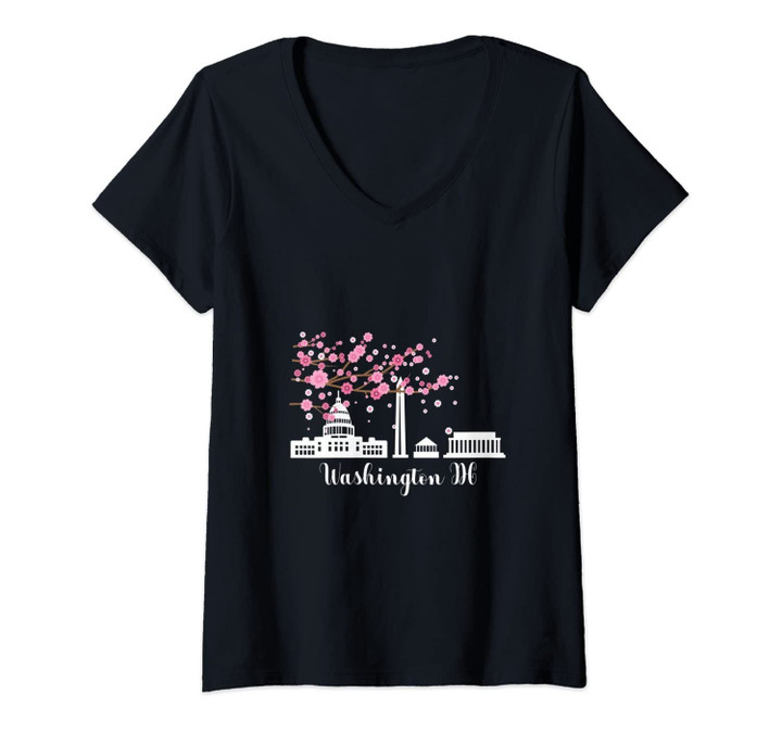 Womens Washington Dc Shirt Cherry Blossoms Memorial Monument V-Neck T-Shirt