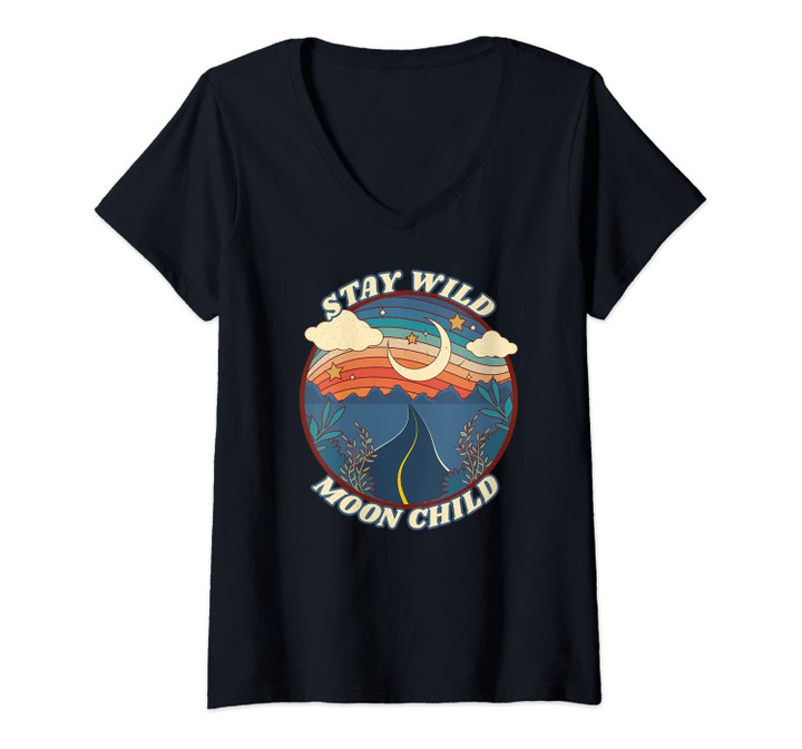 Womens Vintage Retro Stay Wild Moon Child Boho Peace Hippie Gift V-Neck T-Shirt
