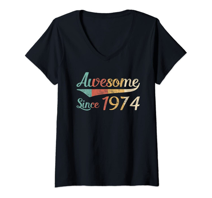 Womens Vintage Awesome Since 1974 Ladies 47th Birthday Gift V-Neck T-Shirt