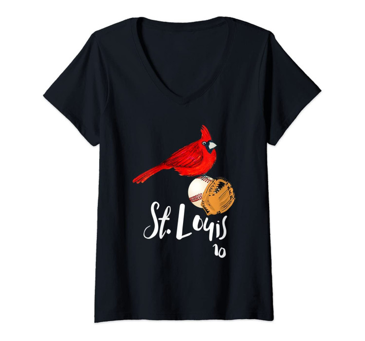 Womens Saint Louis Red Cardinal Tshirt Number 10 Baseball Art V-Neck T-Shirt