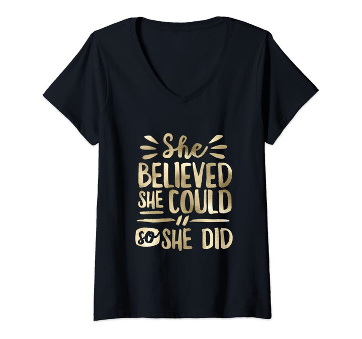 Womens She Believed She Could So She Did Doodle V-Neck T-Shirt