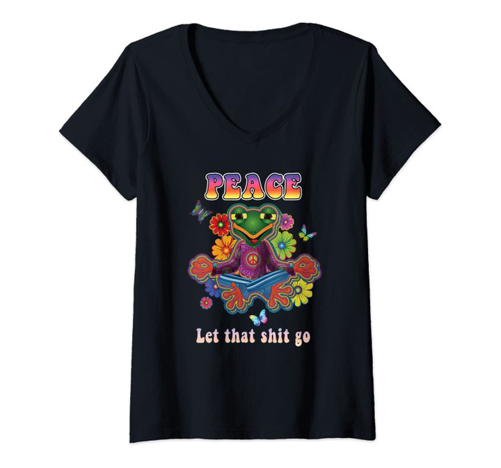 Womens Hippie Yoga Shirt For Women Let That Shit Go Buddha Frog V-Neck T-Shirt