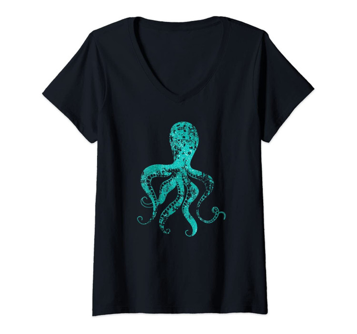 Womens Vintage Teal Octopus Shirt - Summer Beach Ocean Octopus V-Neck T-Shirt