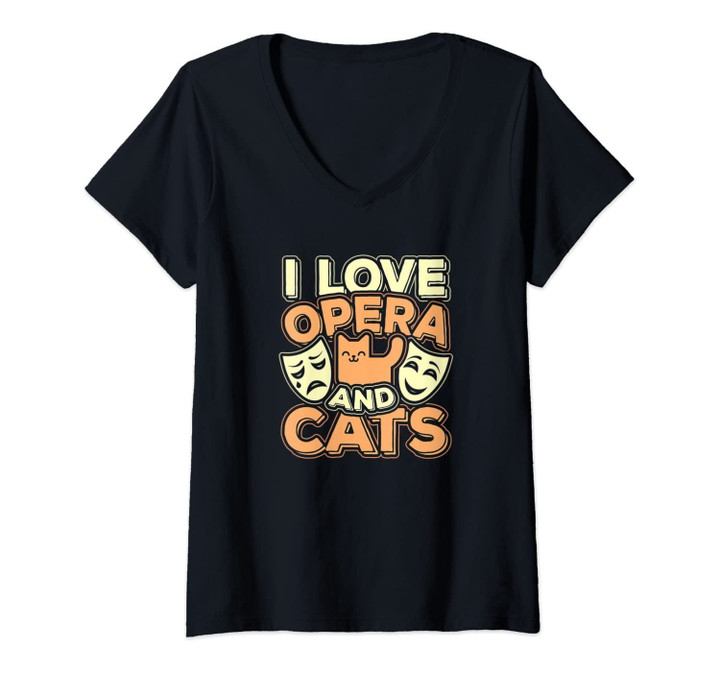 Womens I Love Opera And Cats Cute Kitty Cat Feline Lover Gift V-Neck T-Shirt