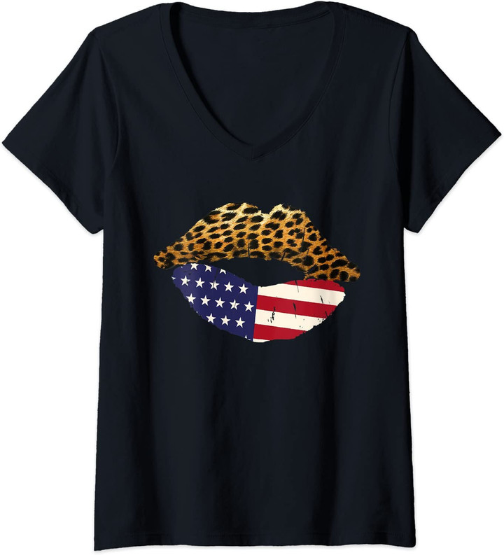 Womens American Flag Sexy Lips Leopard Patriotic USA 4th Of July V-Neck T-Shirt
