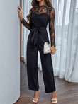 Lace Stitching Belted Hollow Long Sleeve Jumpsuit