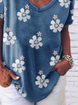 Flower Print V-neck Loose Short Sleeve T-Shirt