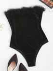 Faux Fur Panel Velvet Strapless Bodysuit