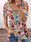 Floral Print Hollow V-neck Zipper T-shirts