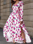 Floral Printed V Neck Long Sleeve Split Hem Maxi Dress