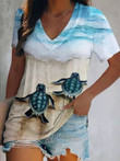 Turtle Print V-Neck Short Sleeve T-Shirt