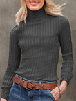 Solid High-Neck Long Sleeve Knitted T-Shirt