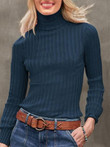 Solid High-Neck Long Sleeve Knitted T-Shirt