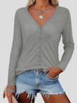 Solid Single-Breasted Pleated Long Sleeve T-Shirt