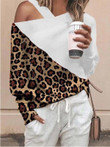 Sloping Shoulder Leopard Stitching Printed T-Shirts