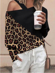 Sloping Shoulder Leopard Stitching Printed T-Shirts