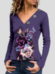 V-Neck Printed Button-Decorated Long Sleeve T-Shirt