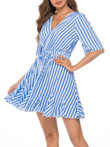 Summer V-neck Striped Belt Mini Dress