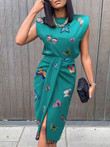 Two-Piece Dress With Butterfly Print Waist Twisted High Slit