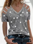 Star Print V-Neck Off The Shoulder T-Shirt