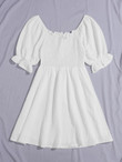 Tie Front Frill Trim Shirred Dress