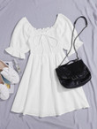 Tie Front Frill Trim Shirred Dress