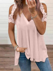Summer Solid Lace Short-sleeved V-neck Top