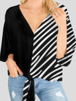V-neck Five-point Sleeves Print Front Tie Casual Blouse