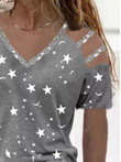 Summer Star Print V-neck Off-shoulder T-shirt
