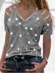 Summer Star Print V-neck Off-shoulder T-shirt