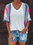 V-neck Contrast Striped Mid-sleeve T-shirt