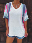 V-neck Contrast Striped Mid-sleeve T-shirt