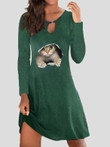 Pullover Cat Print Hollow Long Sleeve Dress