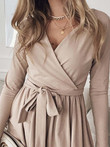 Solid Belted V-Neck Long Sleeve Ruffle Dress