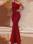 Sleeveless One-Shoulder Slim Belted Dress